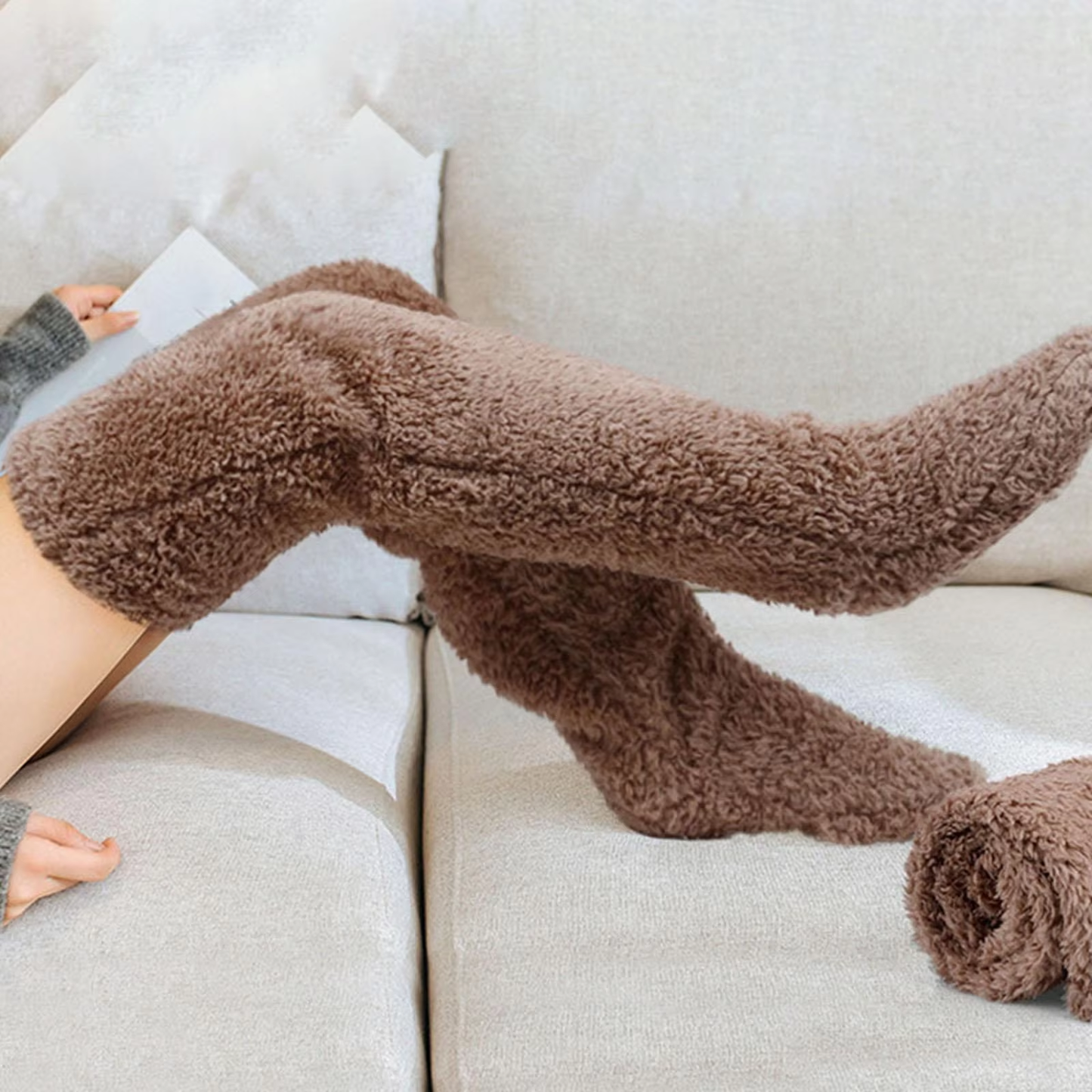 Hot Fluffy Thigh High Socks Teddy Legs Snuggle Long Paws Fuzzy Leggings over Knee Slippers Hairy Stockings