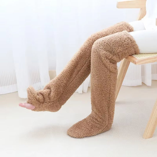 Hot Fluffy Thigh High Socks Teddy Legs Snuggle Long Paws Fuzzy Leggings over Knee Slippers Hairy Stockings